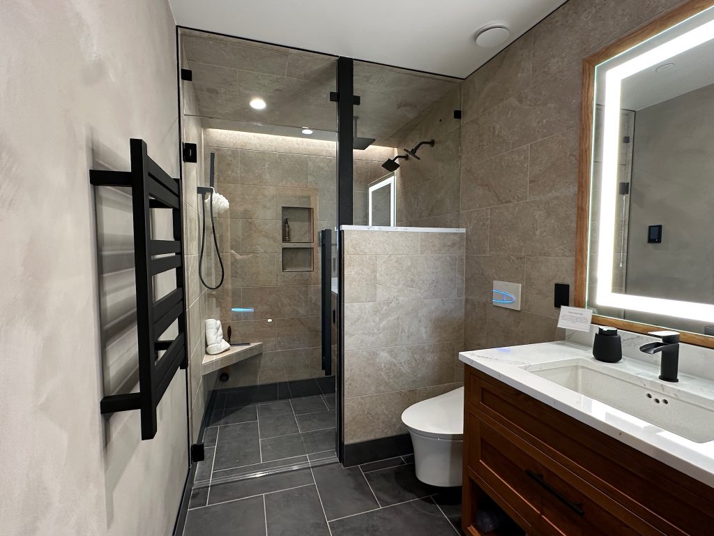 Modern cabin rental in Mazama featuring a luxurious spa steam shower for a relaxing getaway.