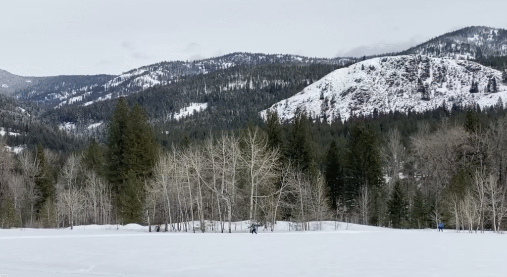 Cross-country skiing on the Methow Valley community trail along the snowy Methow River