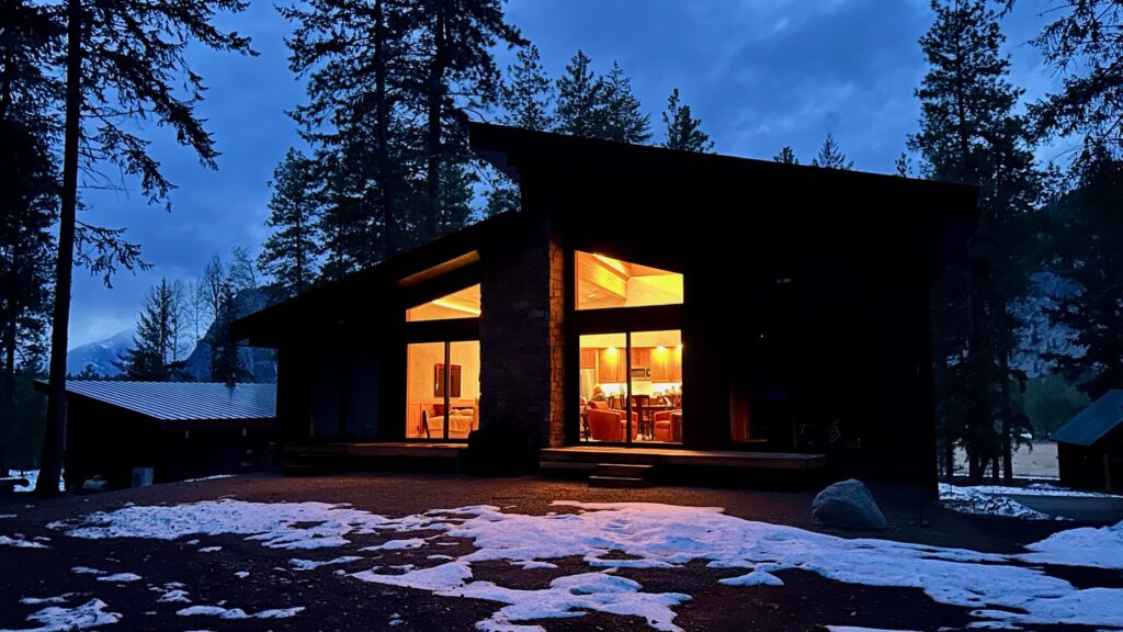 Pinehaven cabin at night with warm glowing lights and snow-covered ground