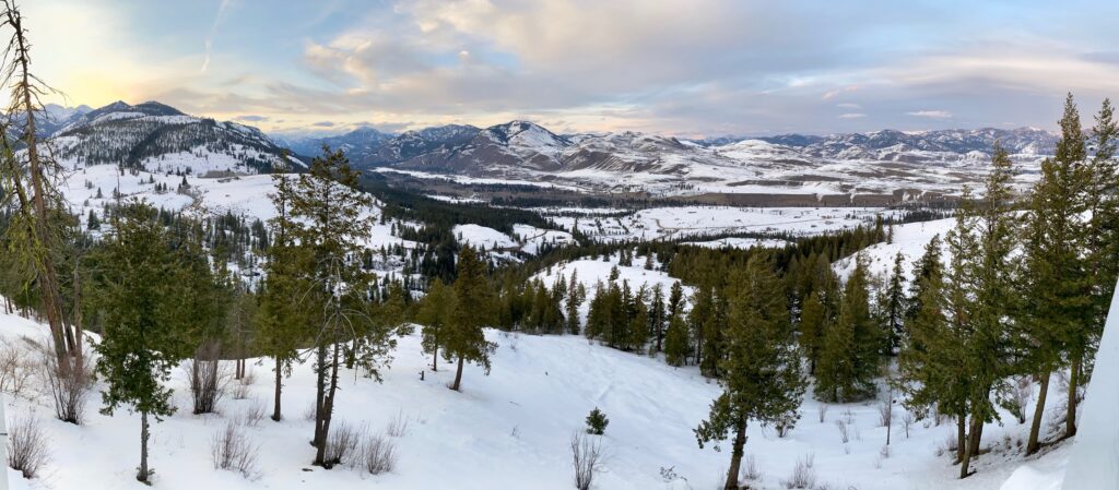 Sunset over snow-covered Methow Valley from Sun Mountain Lodge, Winthrop, WA