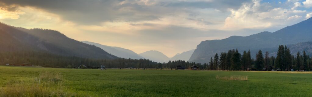 Summer sunset over a green field in Timberline Meadows, Mazama, Washington, looking toward Washington Pass.