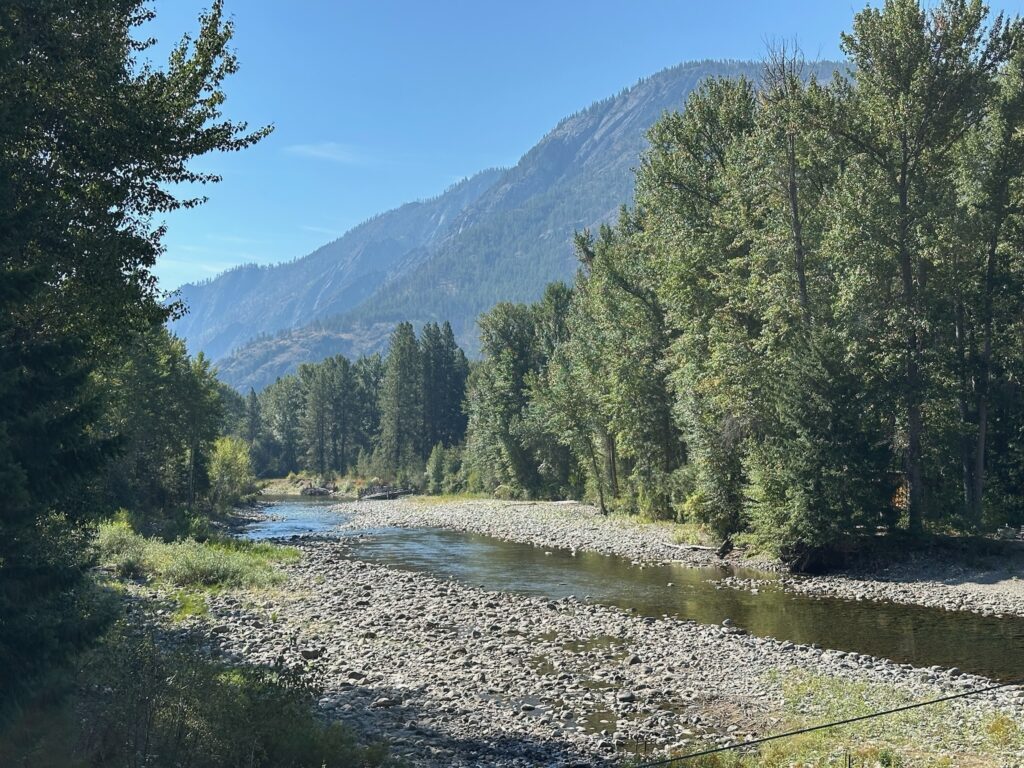 Methow River in summer with green trees along the banks and a bright blue sky overhead in Washington’s Methow Valley.